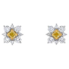 Natural Yellow Cushion and White Diamond 1.29 Carat TW Gold Stud Earrings