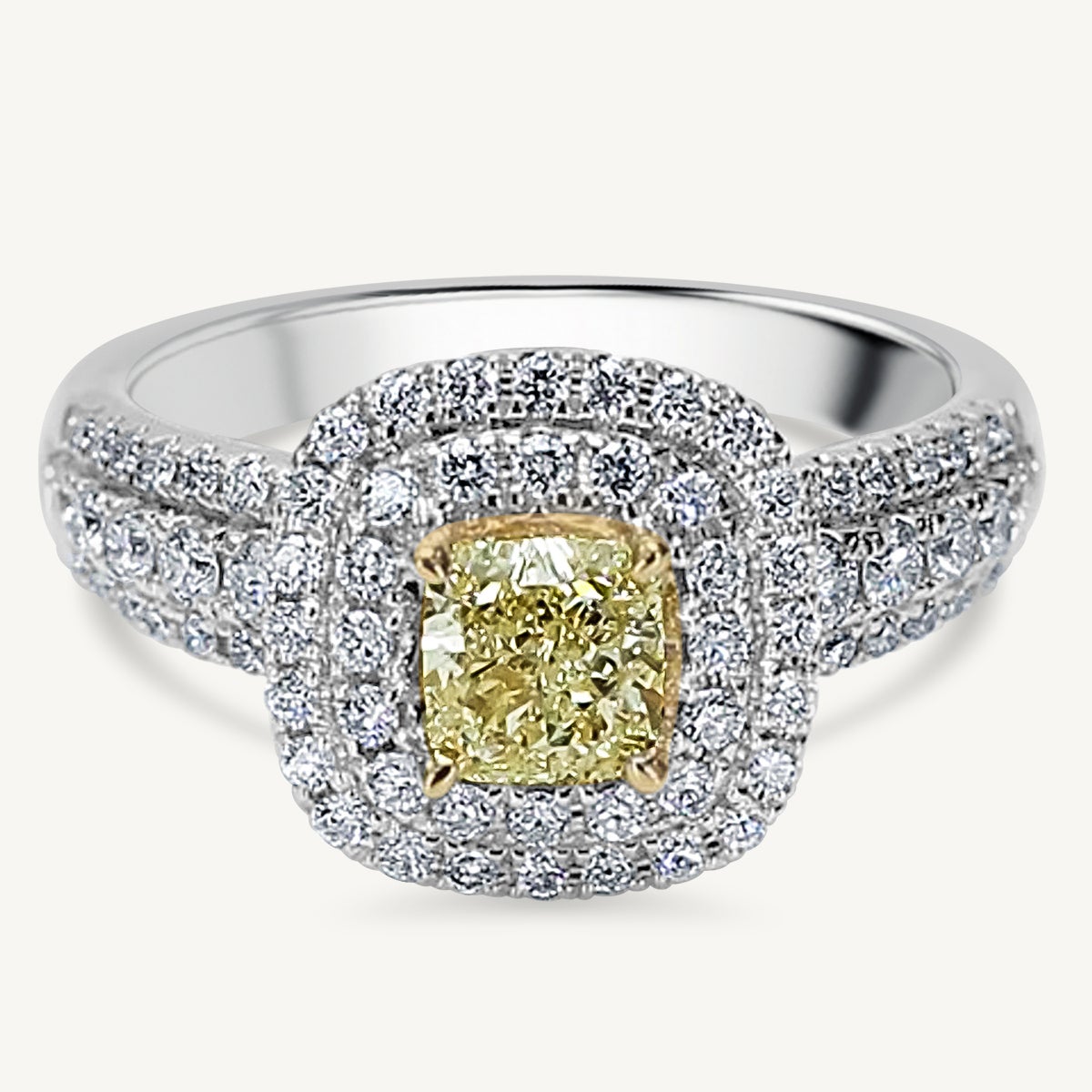 Natural Yellow Cushion and White Diamond 1.32 Carat TW Gold Cocktail Ring For Sale