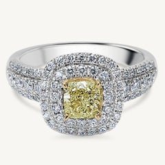 Natural Yellow Cushion and White Diamond 1.32 Carat TW Gold Cocktail Ring