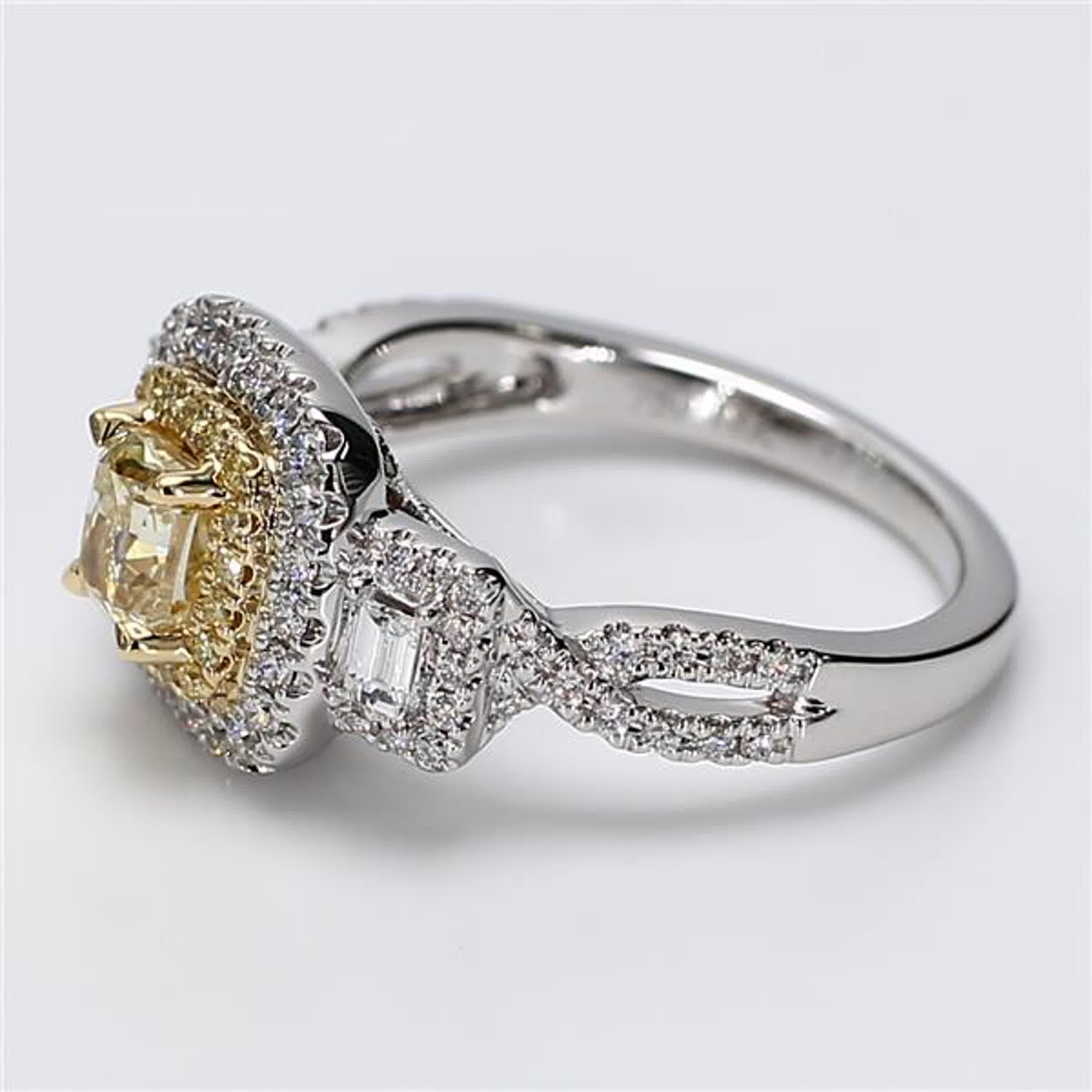 Contemporary Natural Yellow Cushion and White Diamond 1.36 Carat TW Gold Cocktail Ring For Sale