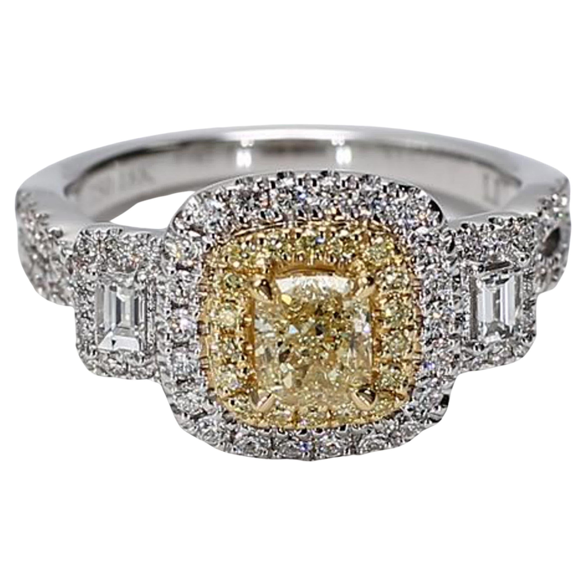 Natural Yellow Cushion and White Diamond 1.36 Carat TW Gold Cocktail Ring For Sale