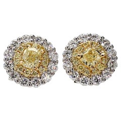 Natural Yellow Cushion and White Diamond 1.39 Carat TW Gold Stud Earrings