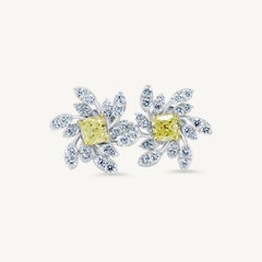 Natural Yellow Cushion and White Diamond 1.43 Carat TW Gold Stud Earrings