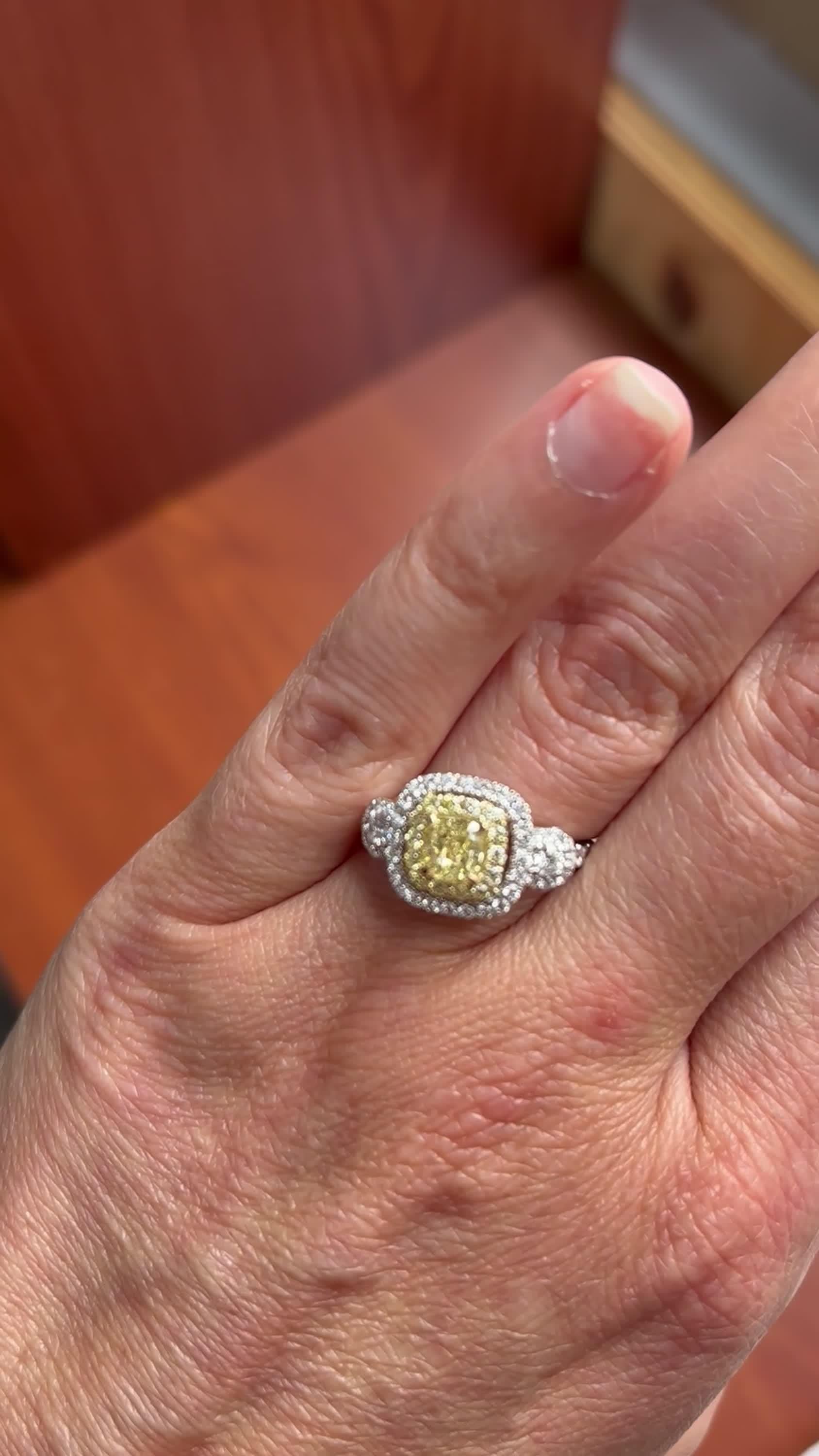 Natural Yellow Cushion and White Diamond 1.45 Carat TW Gold Cocktail Ring In New Condition For Sale In New York, NY