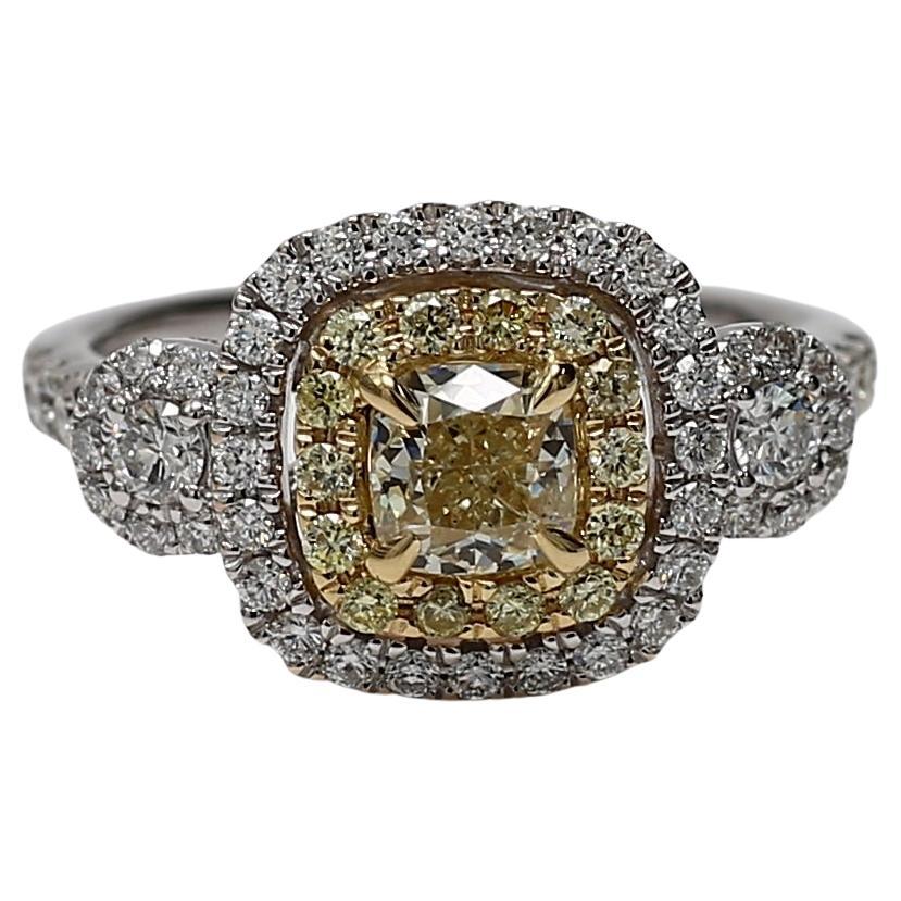 Natural Yellow Cushion and White Diamond 1.45 Carat TW Gold Cocktail Ring For Sale