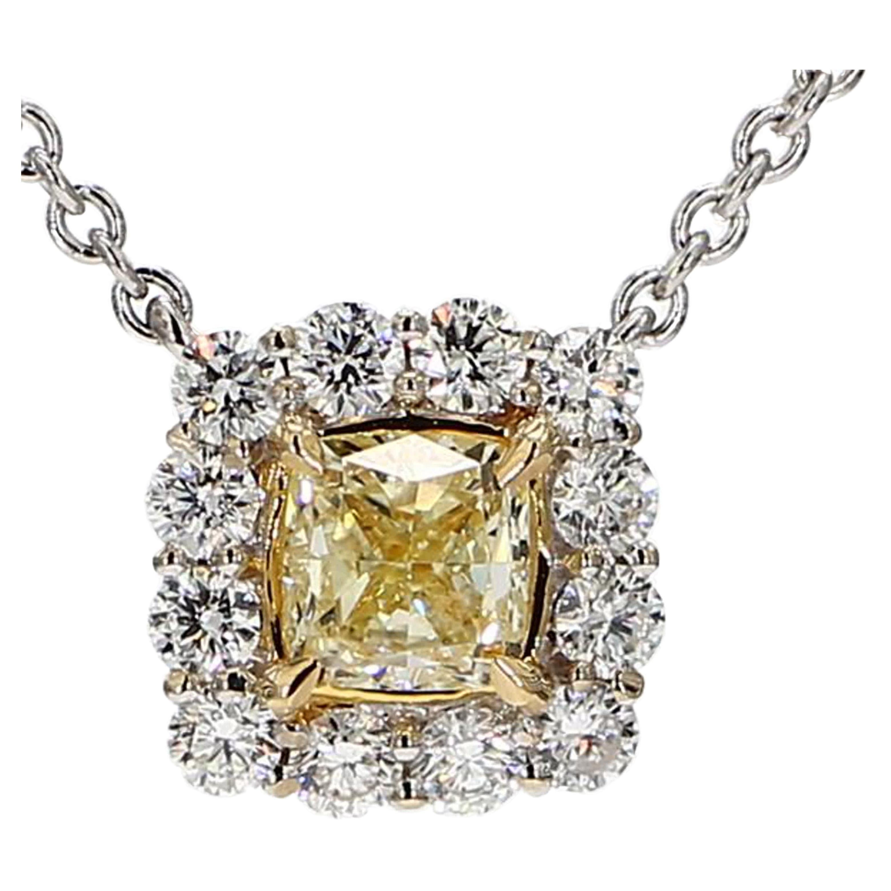 Natural Yellow Cushion and White Diamond 1.45 Carat TW Gold Drop Pendant For Sale