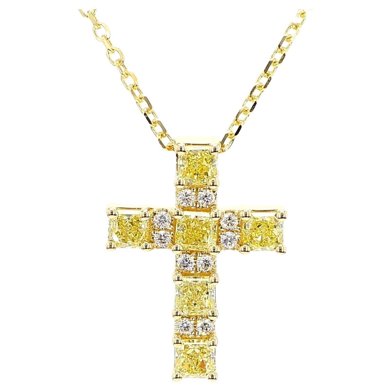 Natural Yellow Cushion and White Diamond 1.47 Carat TW Gold Cross Pendant