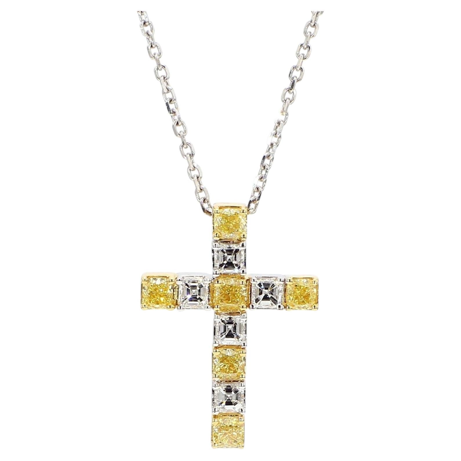 Natural Yellow Cushion and White Diamond 1.48 Carat TW Gold Cross Pendant For Sale