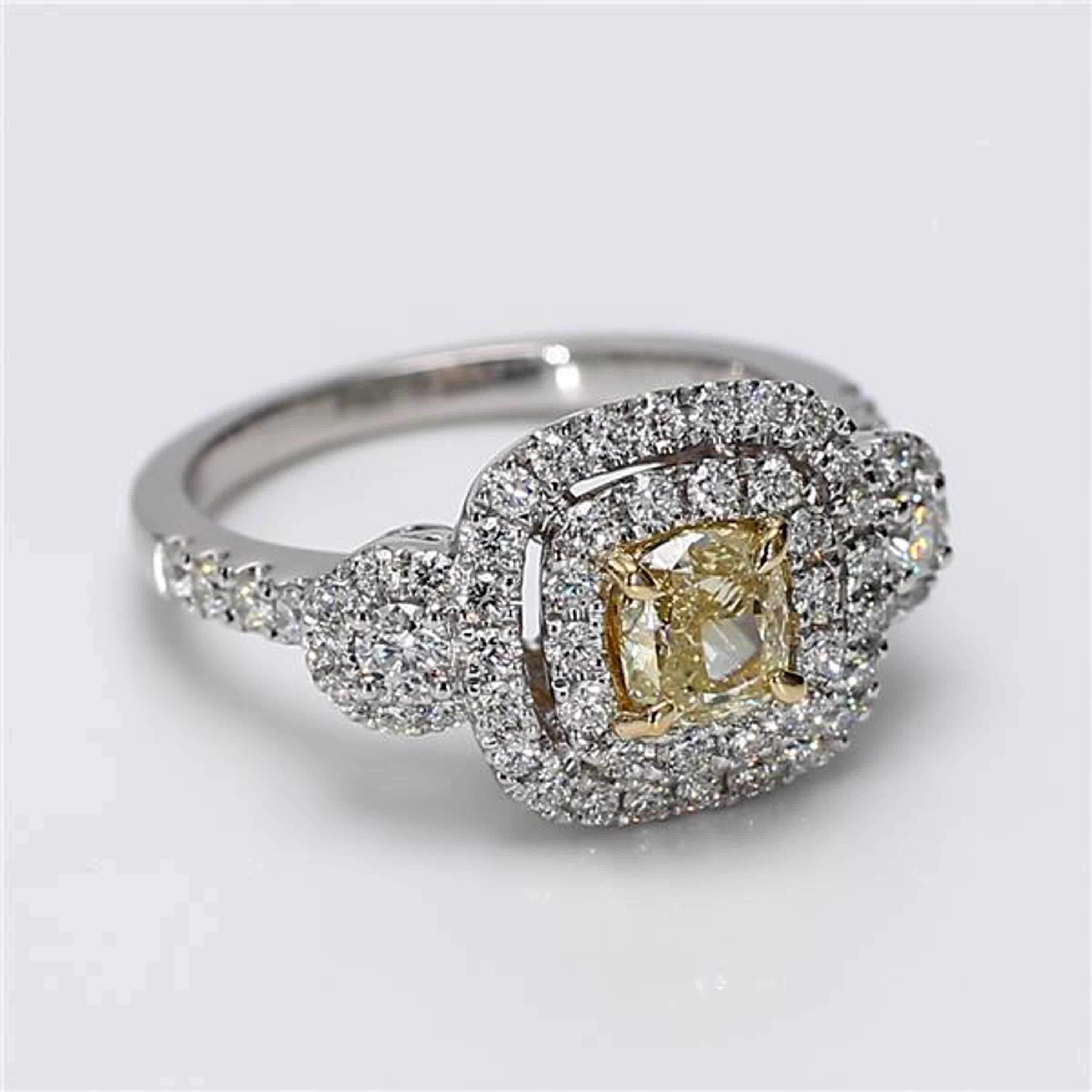 Natural Yellow Cushion and White Diamond 1.49 Carat TW Gold Cocktail Ring For Sale 1