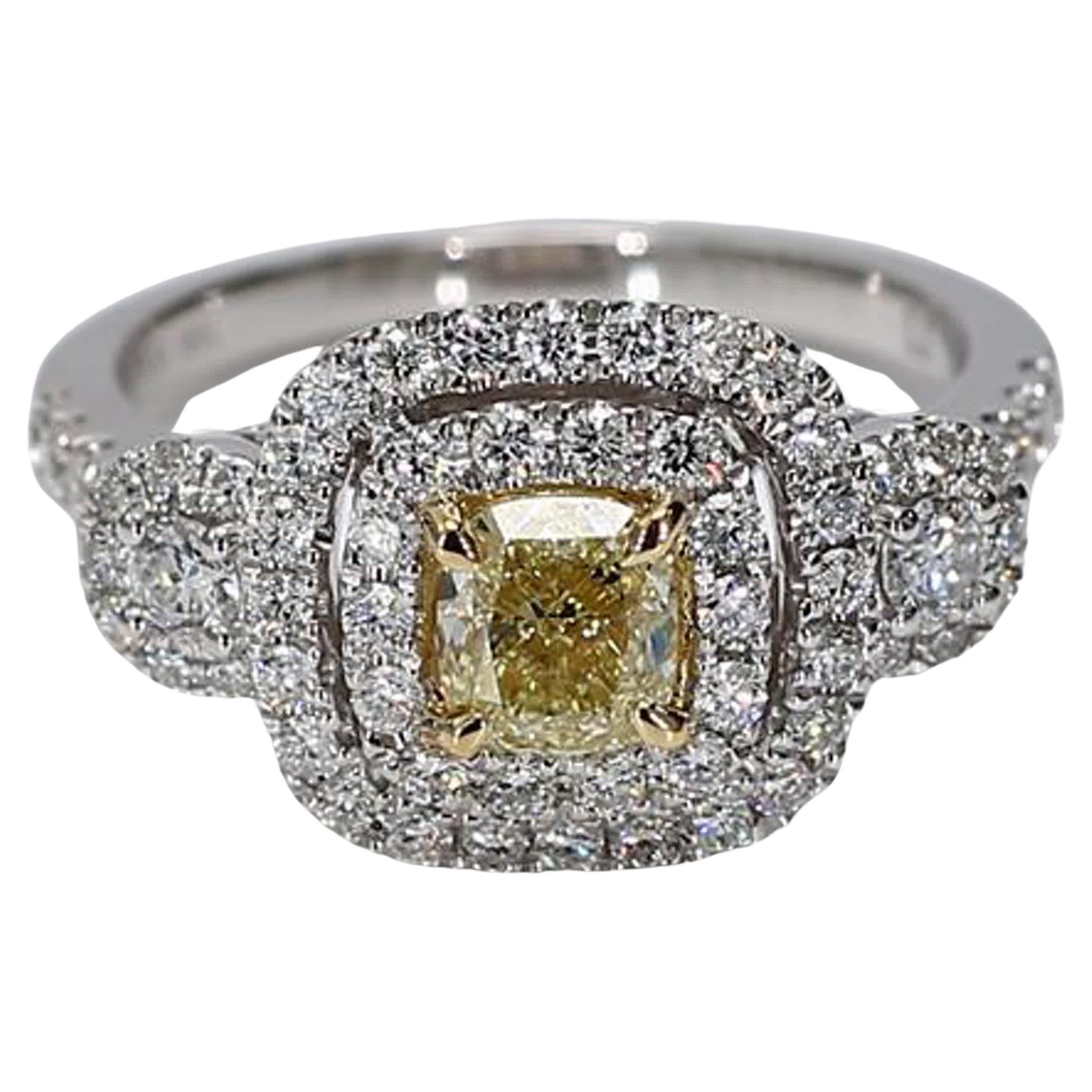 Natural Yellow Cushion and White Diamond 1.49 Carat TW Gold Cocktail Ring For Sale