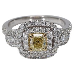 Natural Yellow Cushion and White Diamond 1.49 Carat TW Gold Cocktail Ring