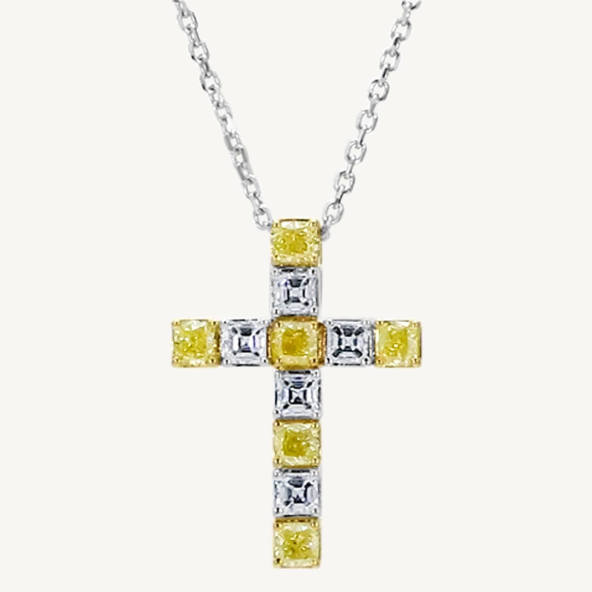 Natural Yellow Cushion and White Diamond 1.50 Carat TW Gold Cross Pendant For Sale