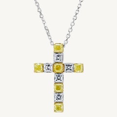 Natural Yellow Cushion and White Diamond 1.50 Carat TW Gold Cross Pendant