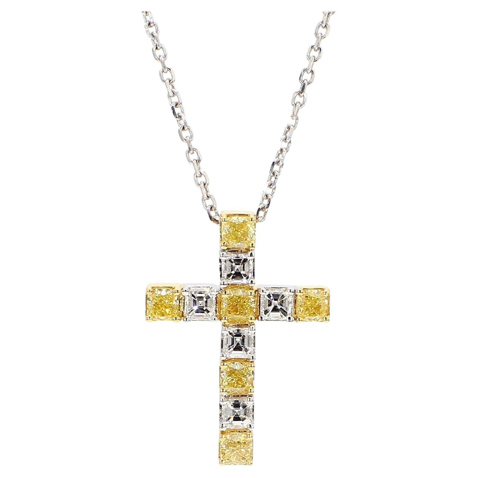 Natural Yellow Cushion and White Diamond 1.50 Carat TW Gold Cross Pendant