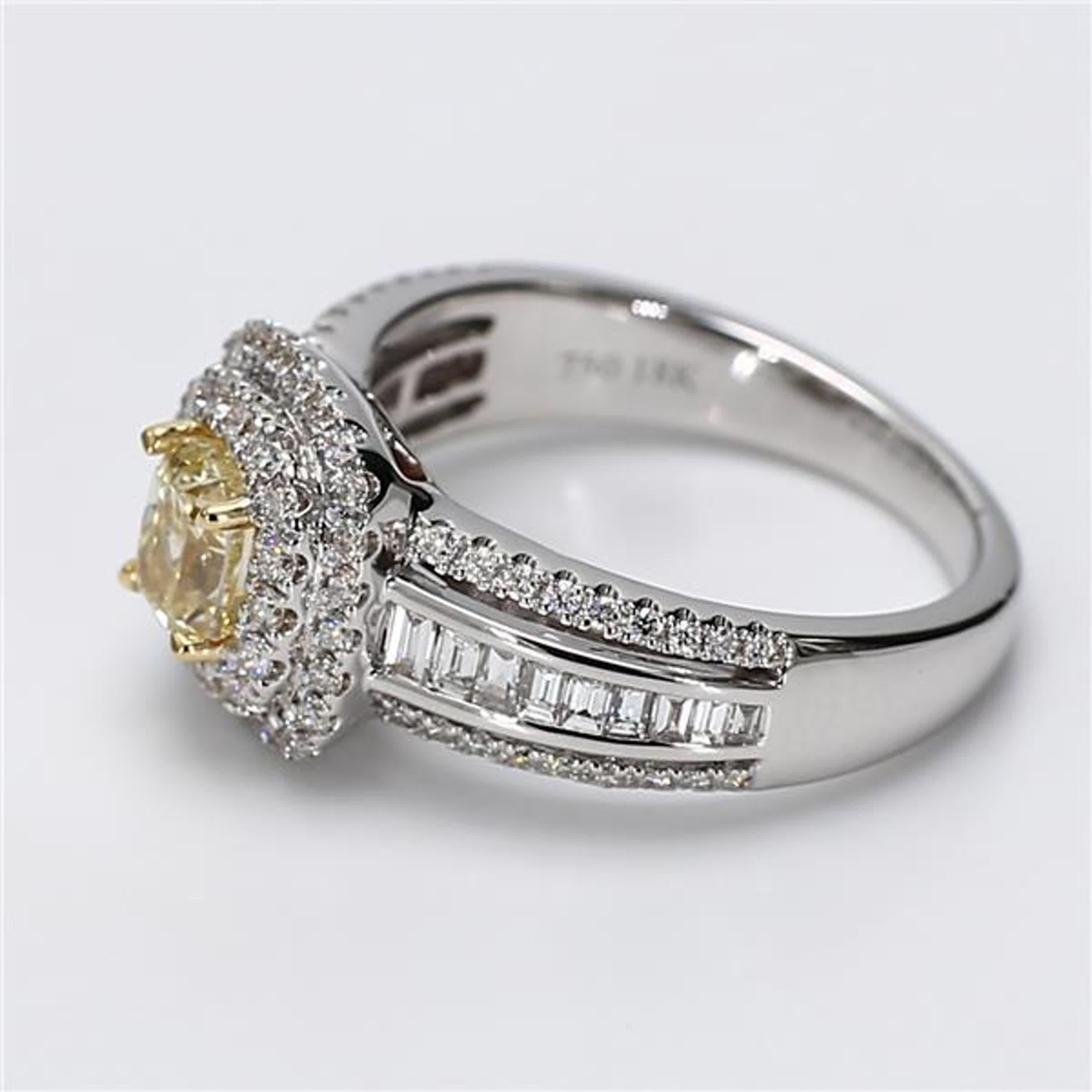 RareGemWorld's classic diamond ring. Mounted in a beautiful 18K Yellow and White Gold setting with a natural cushion cut yellow diamond. The yellow diamond is surrounded by natural baguette cut white diamonds, natural princess cut white diamonds,