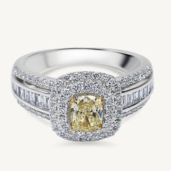 Natural Yellow Cushion and White Diamond 1.52 Carat Tw Gold Cocktail Ring