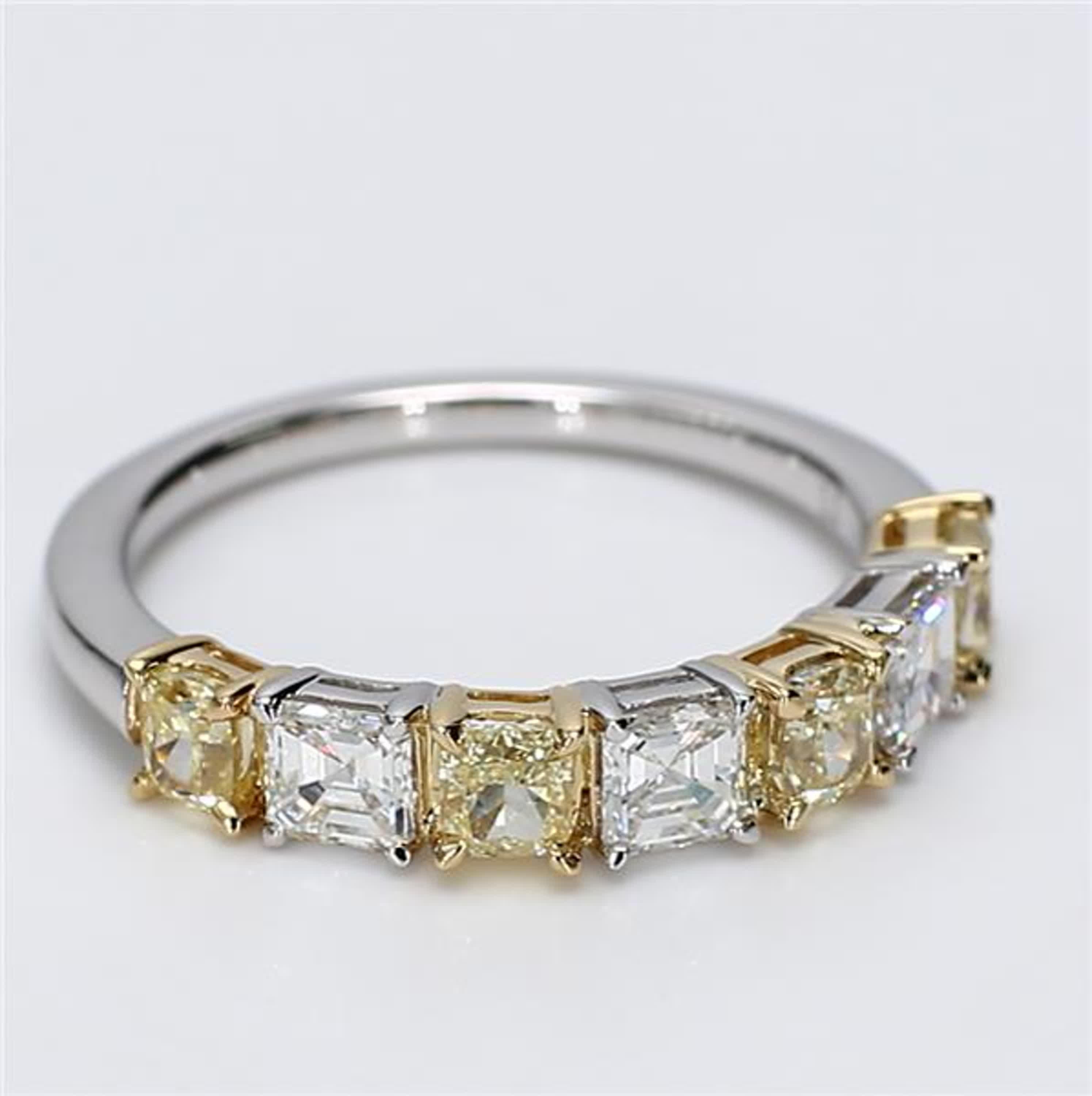 RareGemWorld's classic diamond band. Mounted in a beautiful 18K Yellow and White Gold setting with natural cushion cut yellow diamonds complimented by natural asscher cut white diamonds. This band is guaranteed to impress and enhance your personal