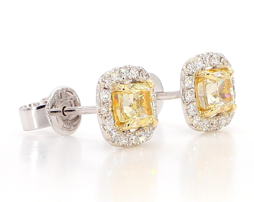 Natural Yellow Cushion and White Diamond 1.74 Carat TW Gold Stud Earrings For Sale 4