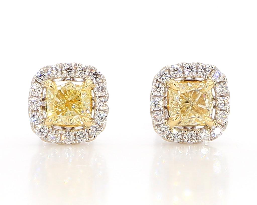 Contemporary Natural Yellow Cushion and White Diamond 1.74 Carat TW Gold Stud Earrings For Sale