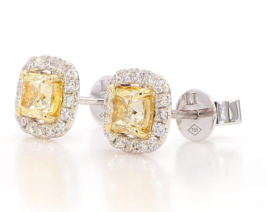 Cushion Cut Natural Yellow Cushion and White Diamond 1.74 Carat TW Gold Stud Earrings For Sale