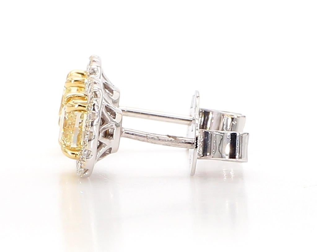 Natural Yellow Cushion and White Diamond 1.74 Carat TW Gold Stud Earrings In New Condition For Sale In New York, NY