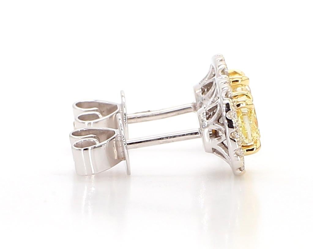 Natural Yellow Cushion and White Diamond 1.74 Carat TW Gold Stud Earrings For Sale 3