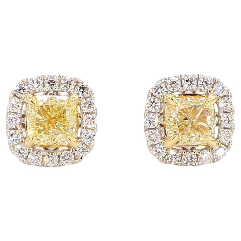 Natural Yellow Cushion and White Diamond 1.74 Carat TW Gold Stud Earrings For Sale