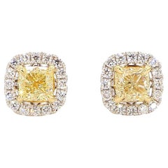 Natural Yellow Cushion and White Diamond 1.74 Carat TW Gold Stud Earrings