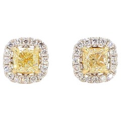 Natural Yellow Cushion and White Diamond 1.74 Carat TW Gold Stud Earrings