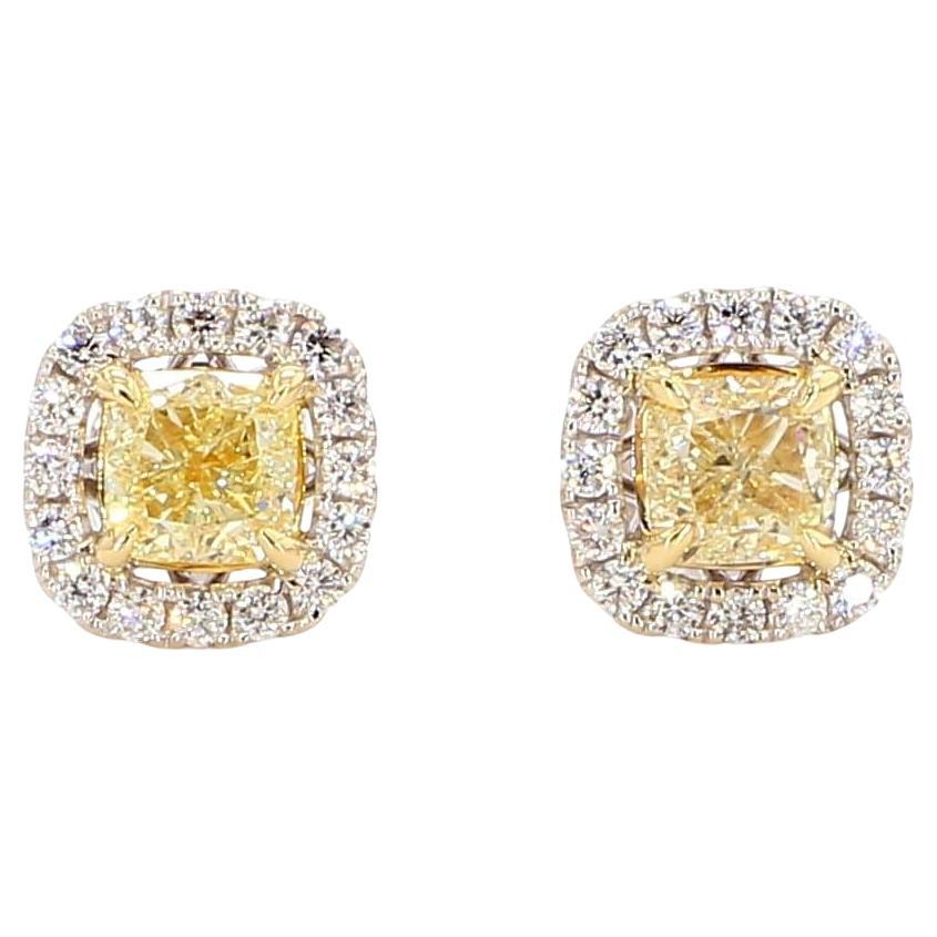Natural Yellow Cushion and White Diamond 1.74 Carat TW Gold Stud Earrings