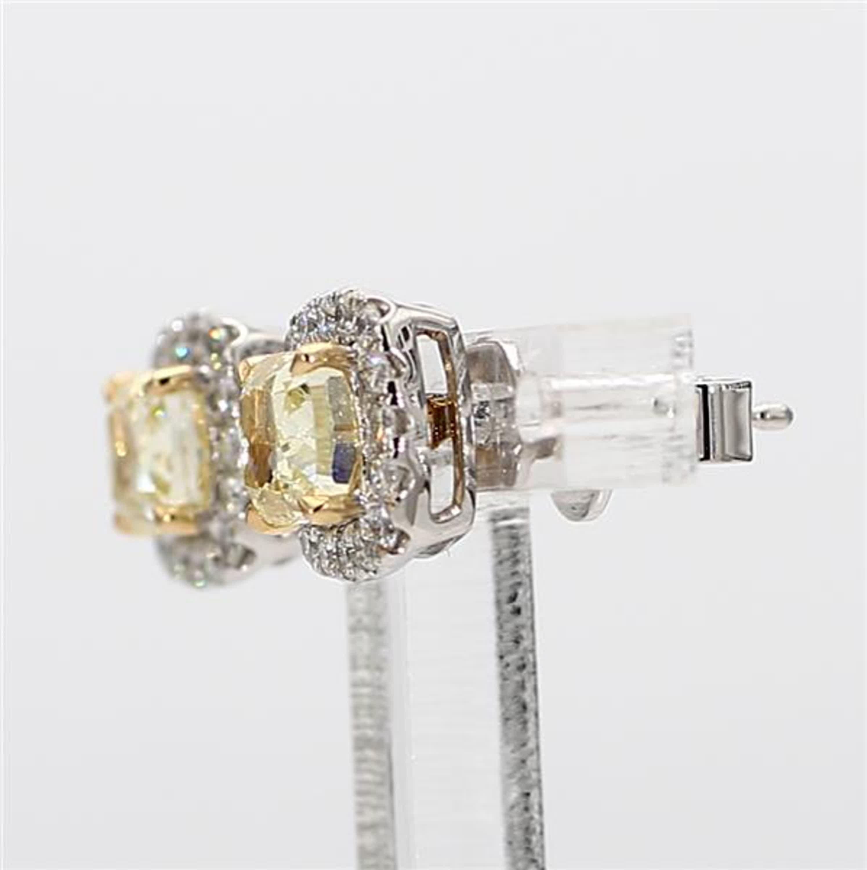 Contemporary Natural Yellow Cushion and White Diamond 1.75 Carat TW Gold Stud Earrings For Sale
