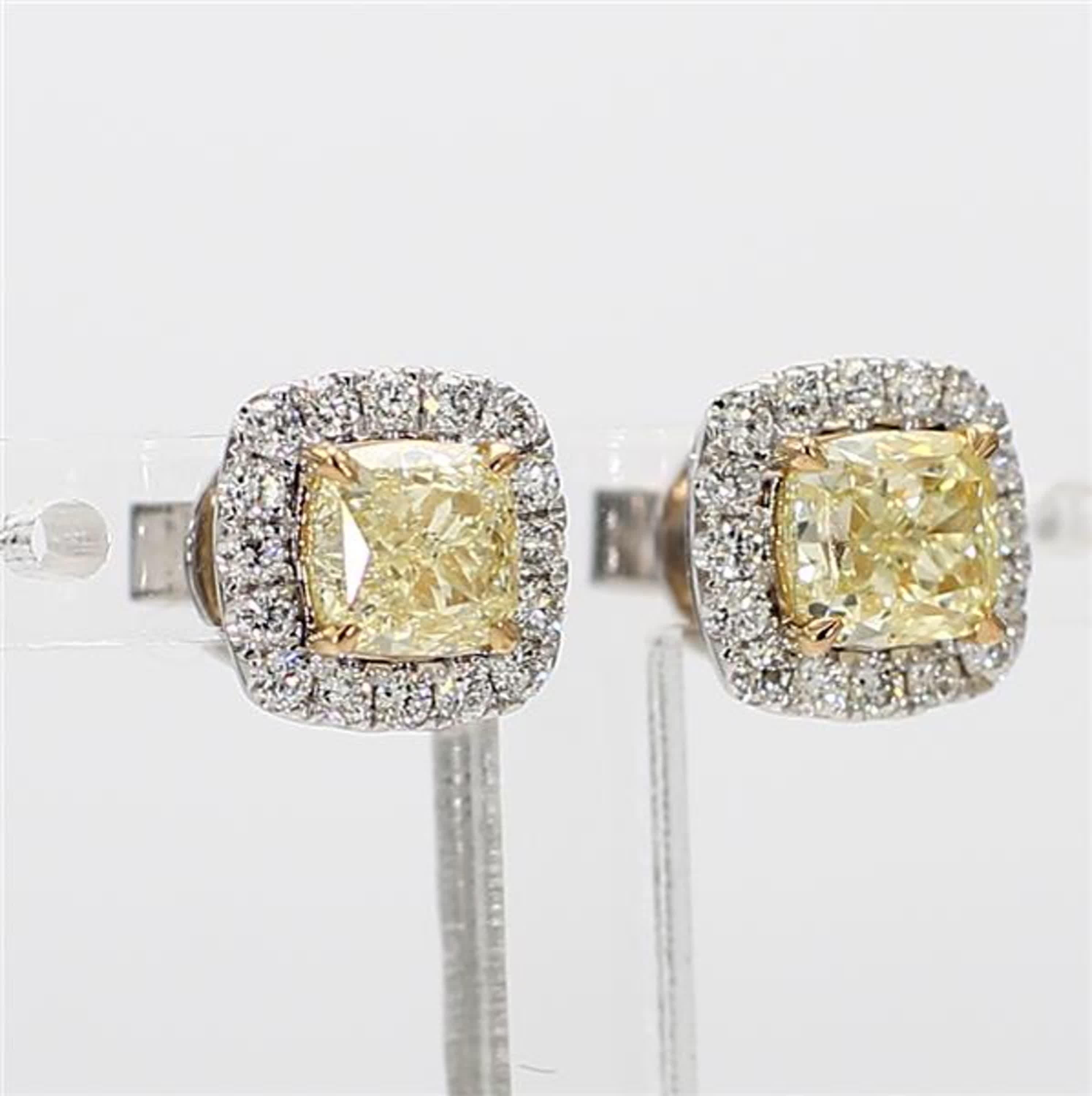 Natural Yellow Cushion and White Diamond 1.75 Carat TW Gold Stud Earrings For Sale 1