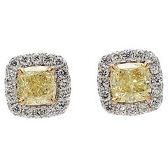 Natural Yellow Cushion and White Diamond 1.75 Carat TW Gold Stud Earrings