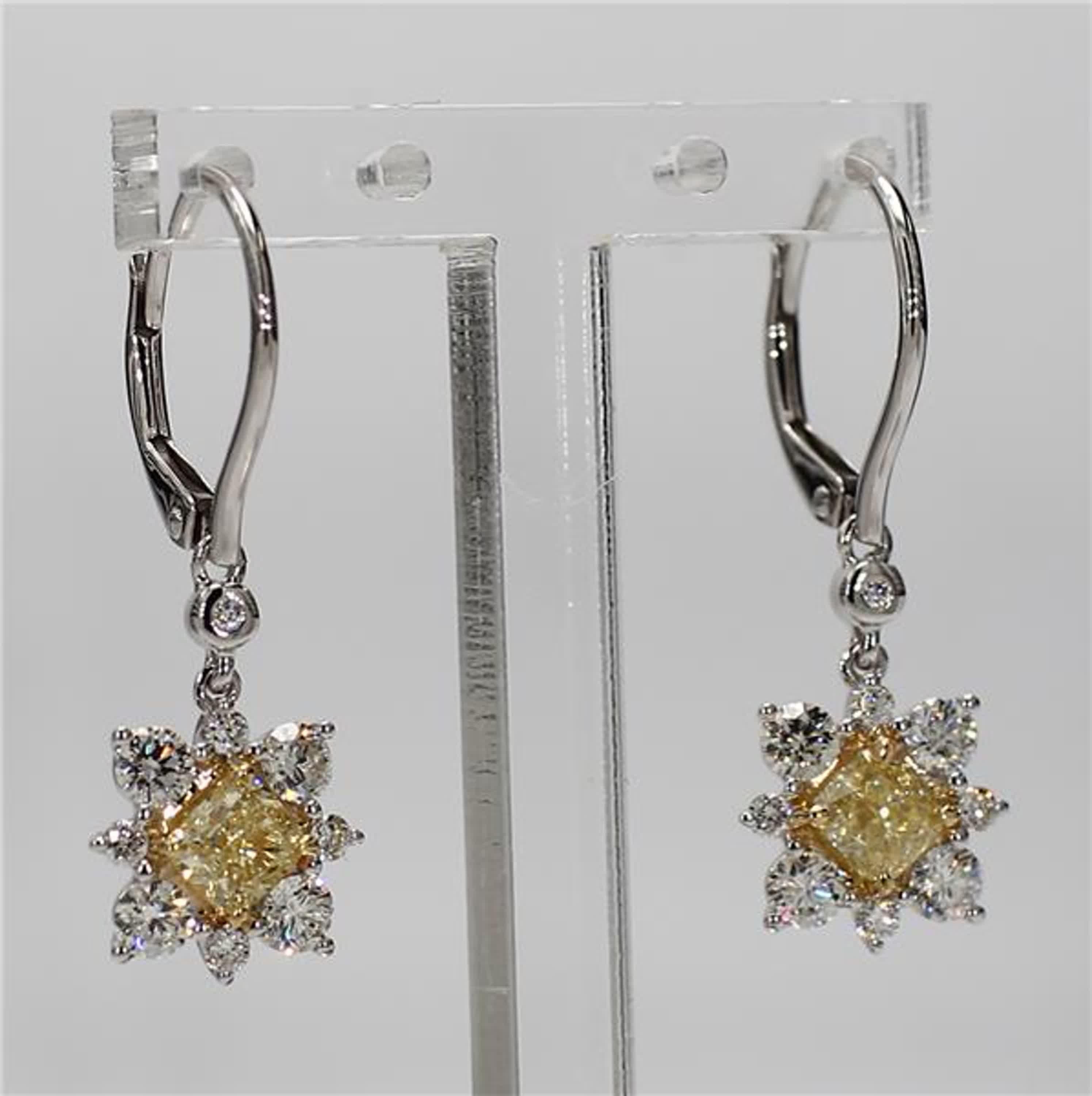Natural Yellow Cushion and White Diamond 1.78 Carat TW Gold Drop Earrings 1