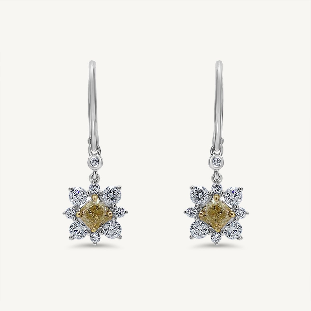 Natural Yellow Cushion and White Diamond 1.78 Carat TW Gold Drop Earrings