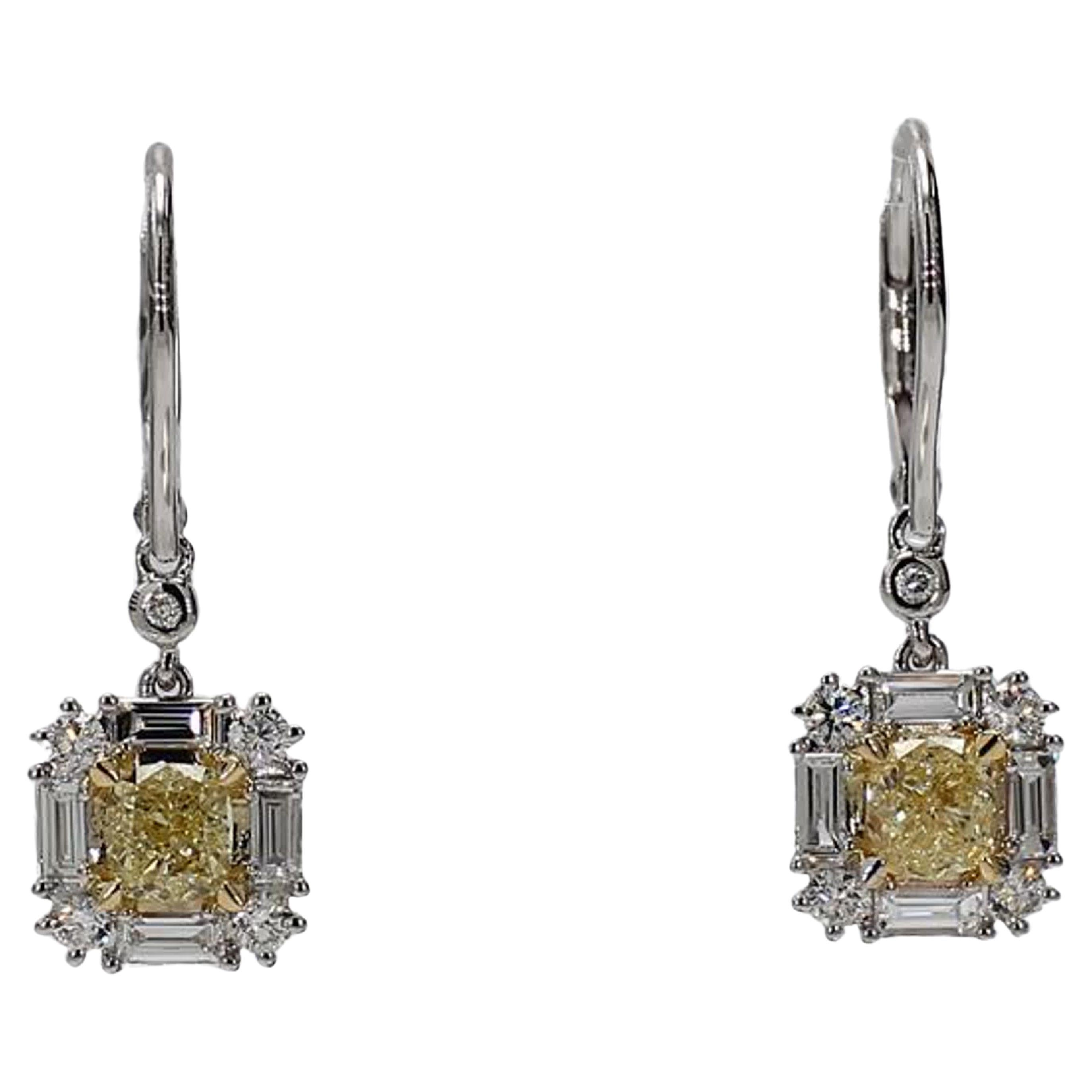 Natural Yellow Cushion and White Diamond 1.81 Carat TW Gold Drop Earrings