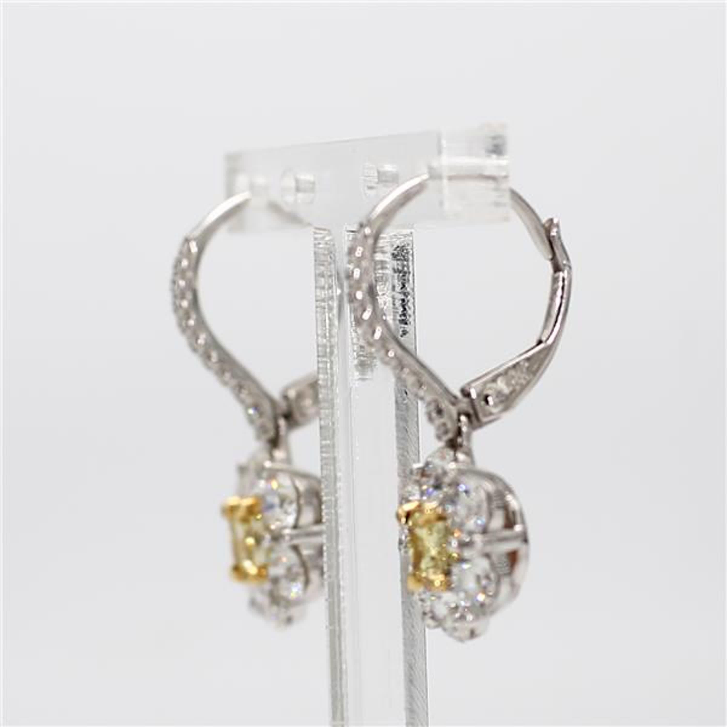 Contemporary Natural Yellow Cushion and White Diamond 2.30 Carat TW Gold Drop Earrings For Sale