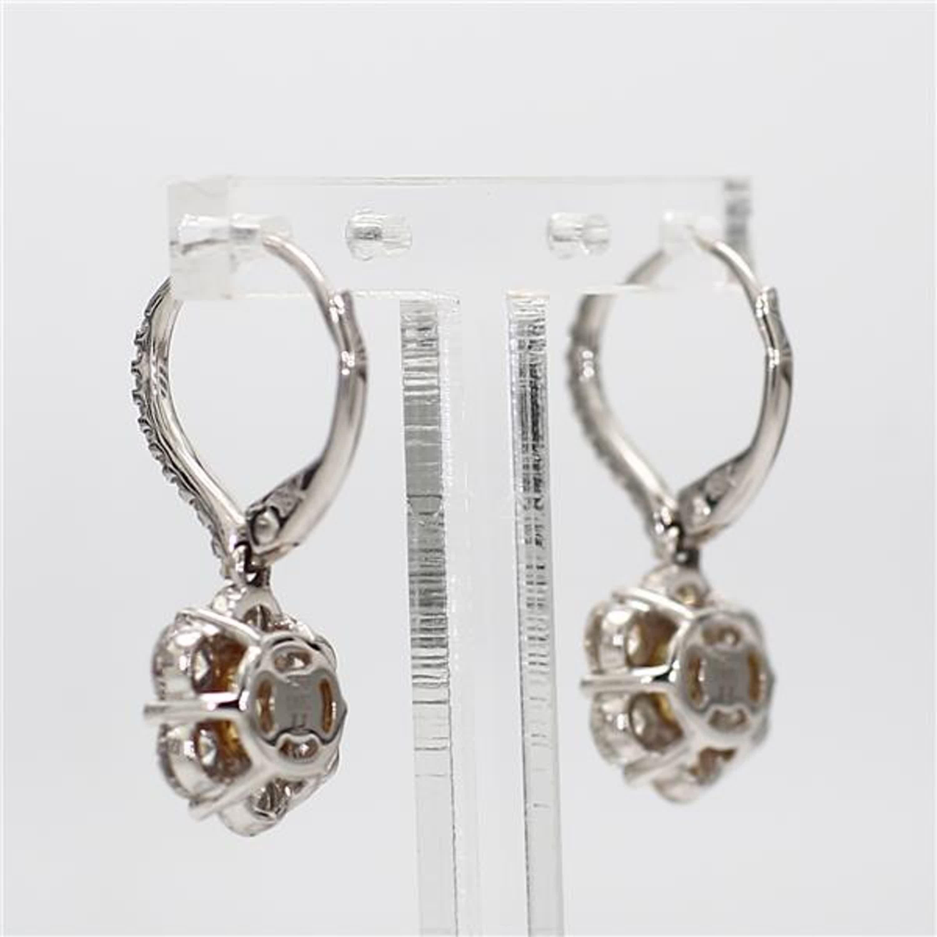 Cushion Cut Natural Yellow Cushion and White Diamond 2.30 Carat TW Gold Drop Earrings For Sale