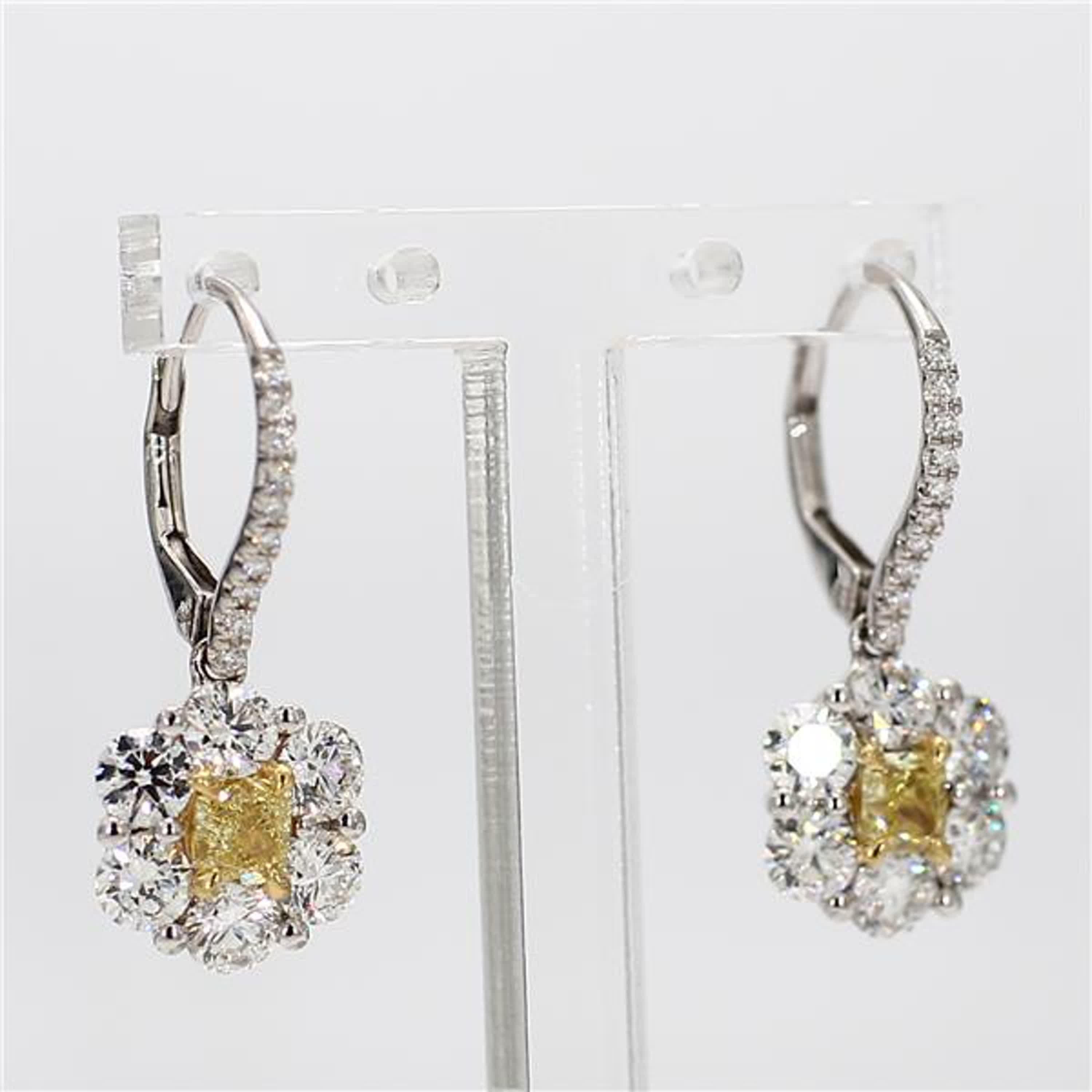 Natural Yellow Cushion and White Diamond 2.30 Carat TW Gold Drop Earrings For Sale 1