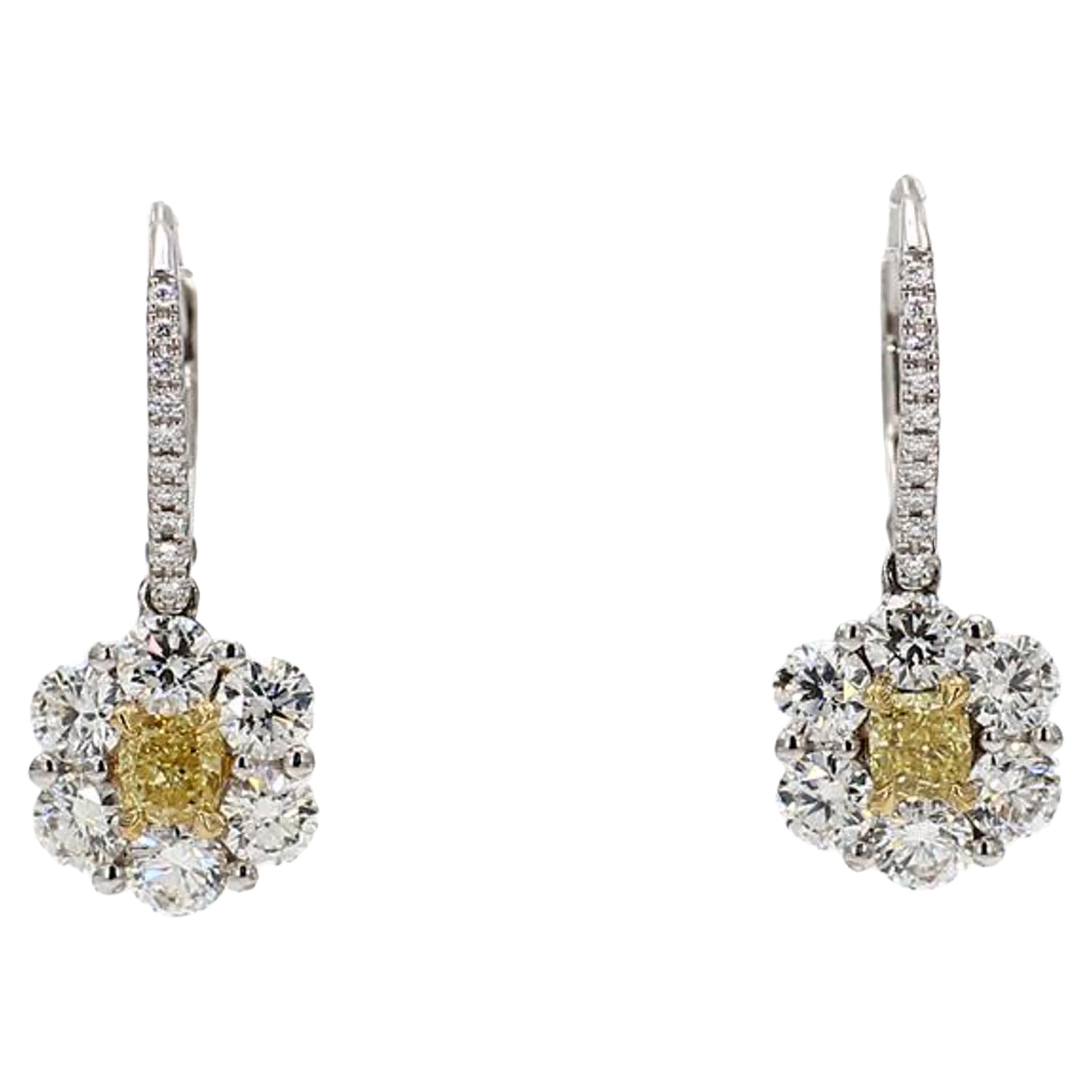 Natural Yellow Cushion and White Diamond 2.30 Carat TW Gold Drop Earrings