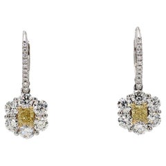 Natural Yellow Cushion and White Diamond 2.30 Carat TW Gold Drop Earrings