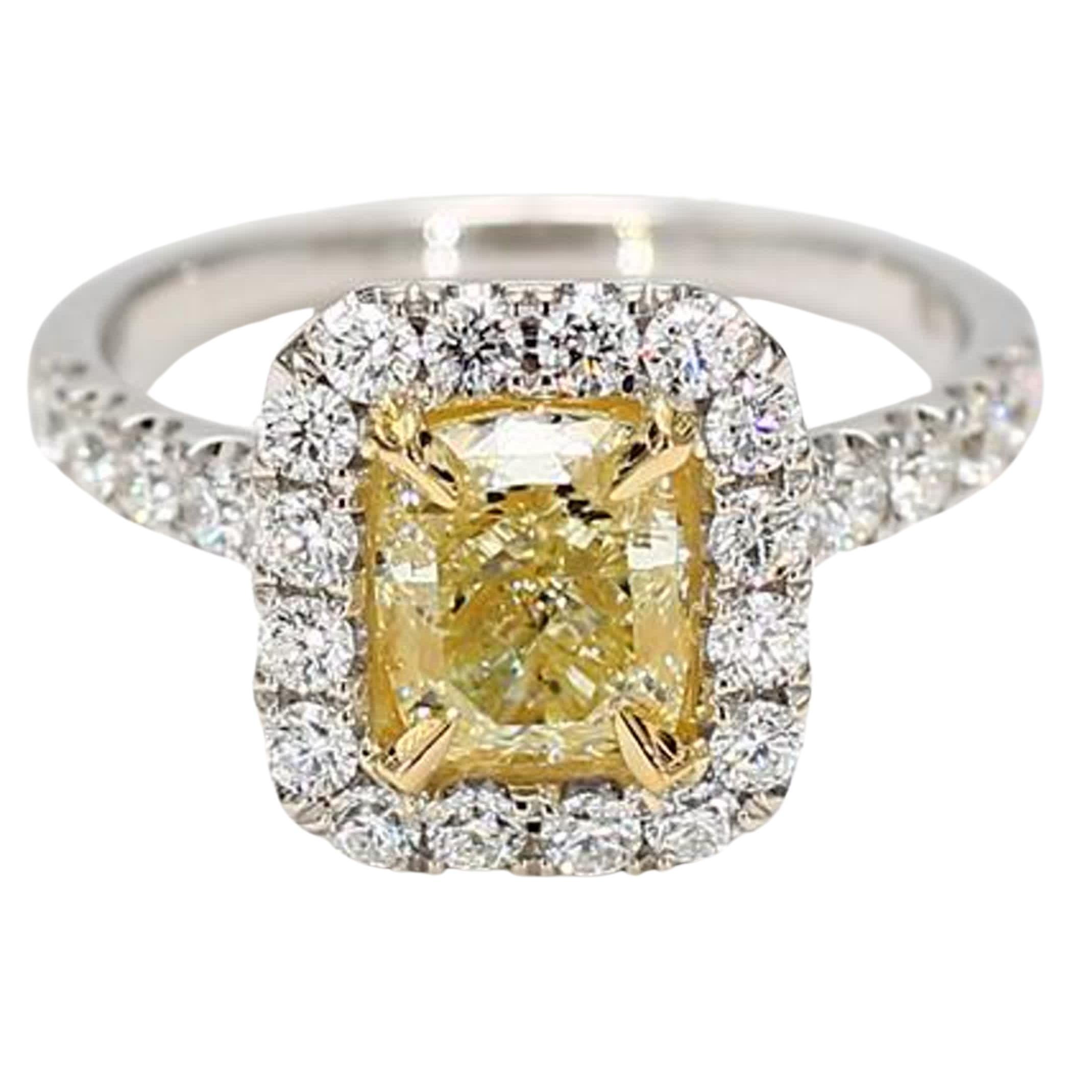 Natural Yellow Cushion and White Diamond 2.42 Carat TW Gold Cocktail Ring For Sale