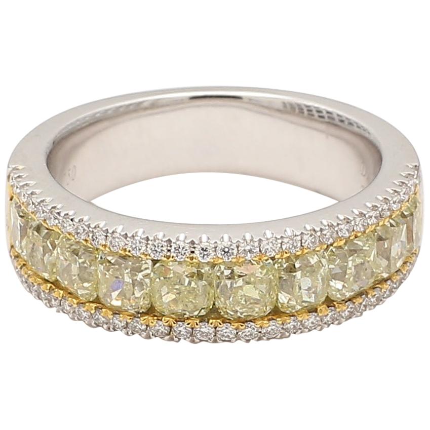 Natural Yellow Cushion and White Diamond 2.62 Carat TW Gold Wedding Band For Sale