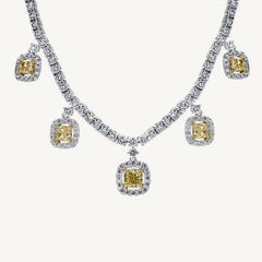 Natural Yellow Cushion and White Diamond 4.28 Carat TW Gold Drop Necklace