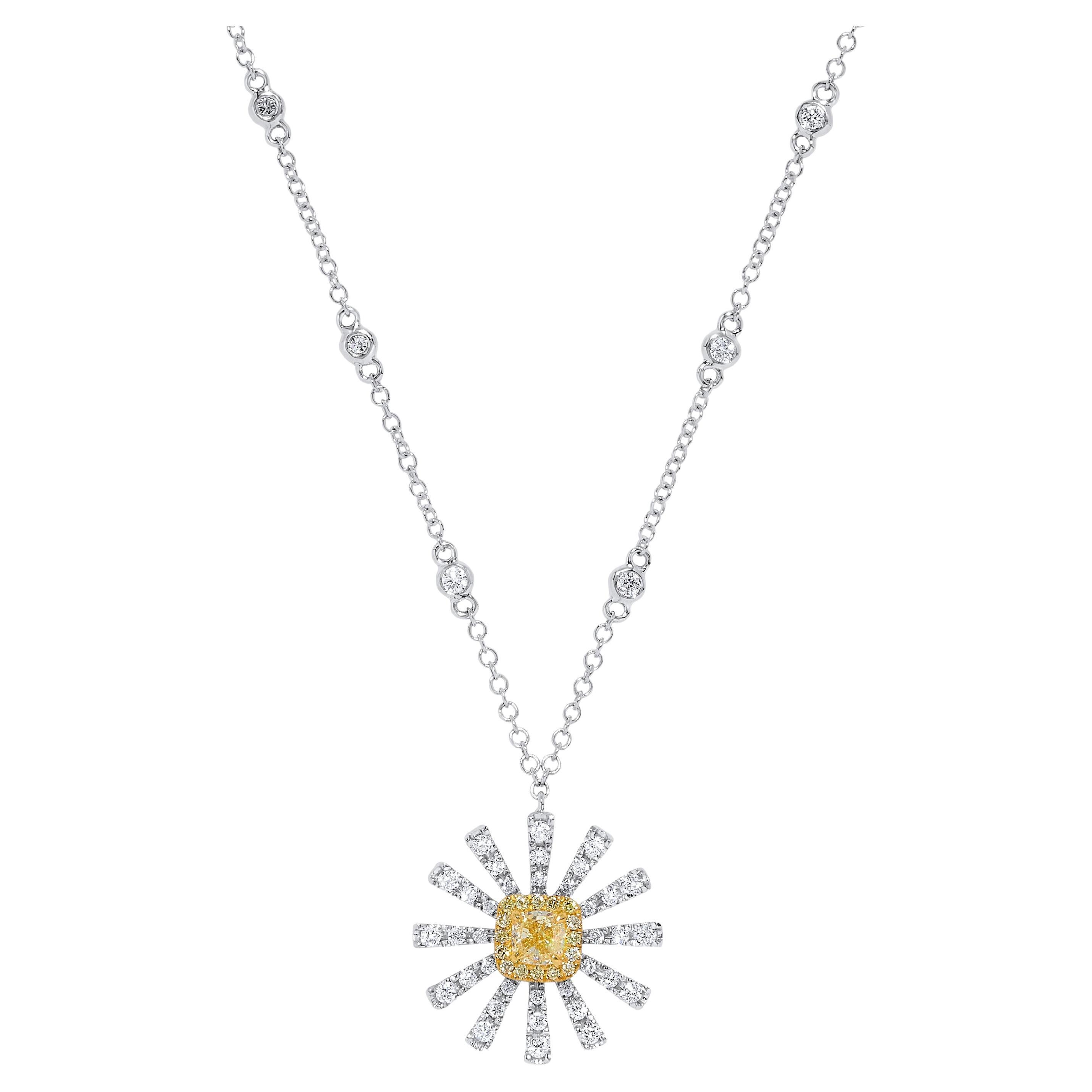 Natural Yellow Cushion and White Diamond .72 Carat TW Gold Drop Necklace For Sale