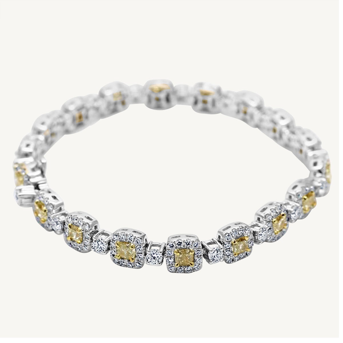 Natural Yellow Cushion and White Diamond 7.21 Carat TW Gold Bracelet For Sale