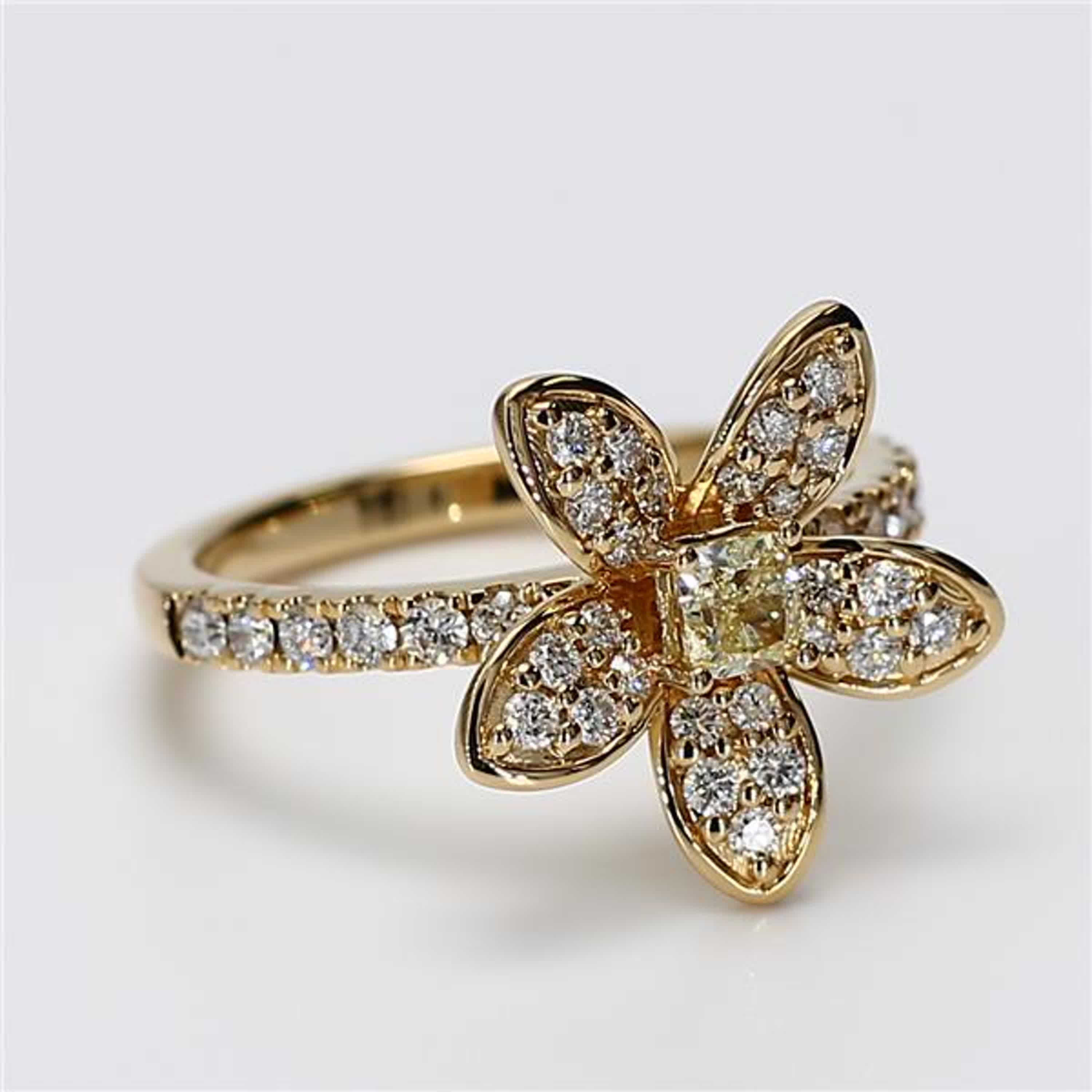 Women's Natural Yellow Cushion and White Diamond .76 Carat TW Gold Cocktail Ring For Sale