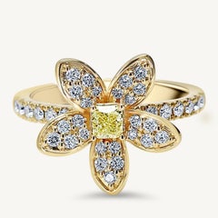 Natural Yellow Cushion and White Diamond .76 Carat TW Gold Cocktail Ring