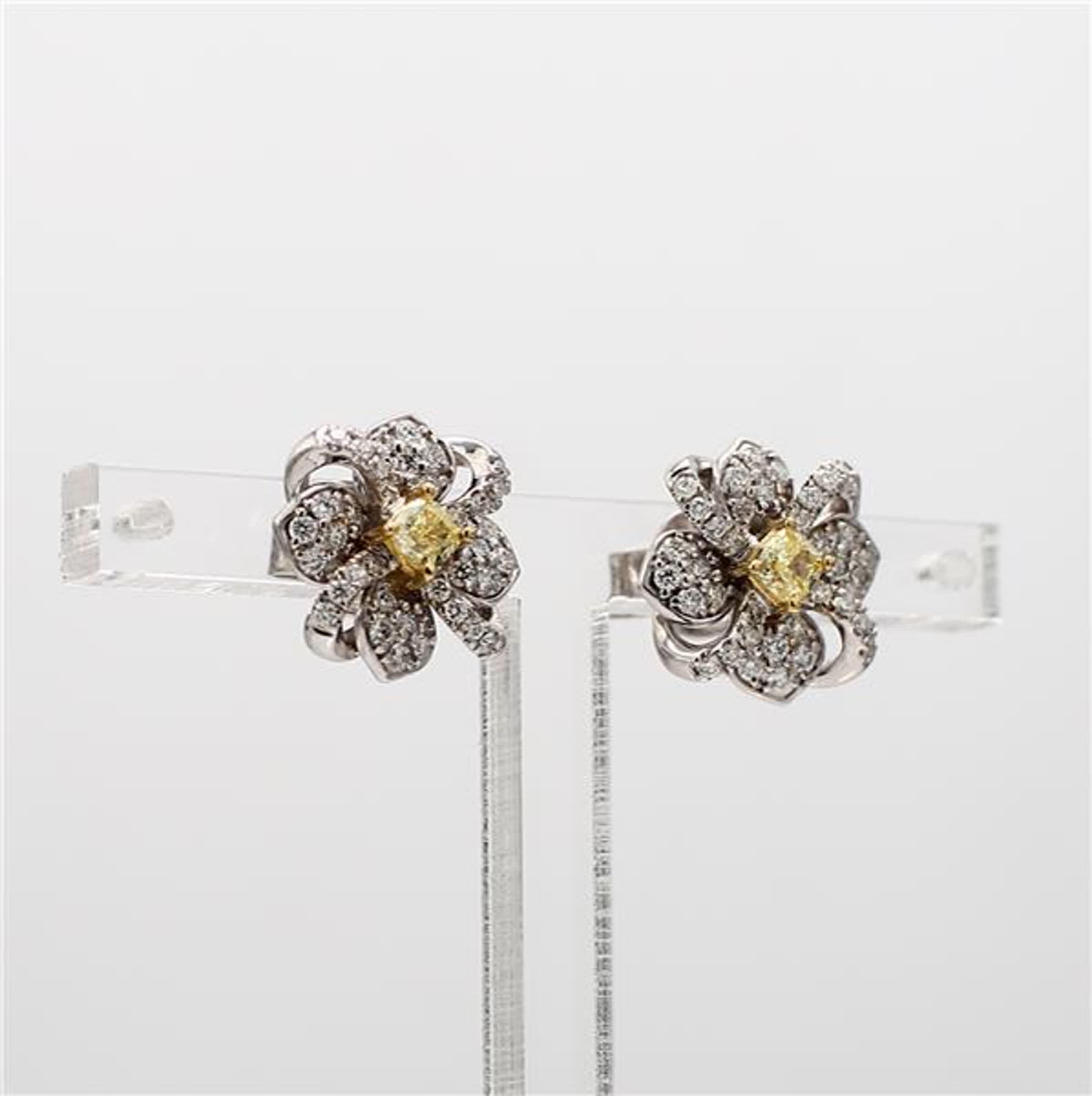 Natural Yellow Cushion and White Diamond .76 Carat TW Gold Stud Earrings 1