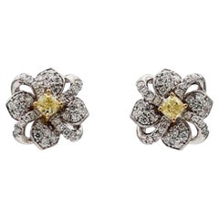 Natural Yellow Cushion and White Diamond .76 Carat TW Gold Stud Earrings